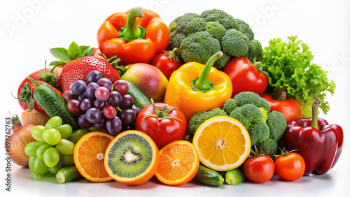 Vibrant still life arrangement of fresh colorful fruits and vegetables, including oranges, grapes, kiwi, bell peppers, and broccoli, on a white background. photo