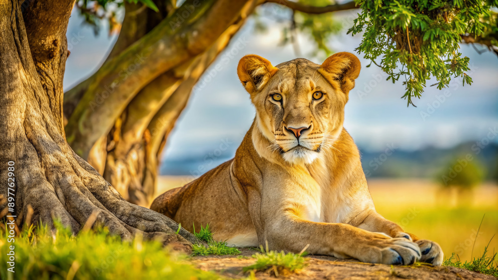 Majestic African lioness with warm golden fur and piercing green eyes lies relaxed in the shade of a sprawling acacia tree savannah landscape. Majestic African lioness with warm golden fur and piercing green eyes lies relaxed in the shade of a sprawling acacia tree savannah landscape.