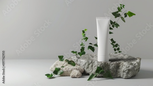 Frontal shot of cosmetic advertising photo with the blank label tube isolated on light gray backgroundon both sides decorated with some rock and green vines Still having many spaces for designing photo