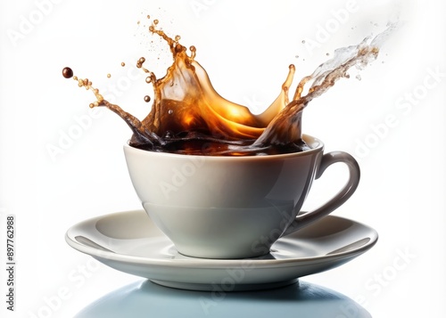 Steaming cup of rich black hot coffee with a dynamic splash of liquid, set against a clean white background, evoking warm morning energy.