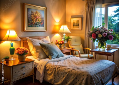 Cozy nursing home bedroom with soft light, flowers, and personal mementos, conveying warmth and comfort, evoking feelings of happiness and contentment in old age. photo