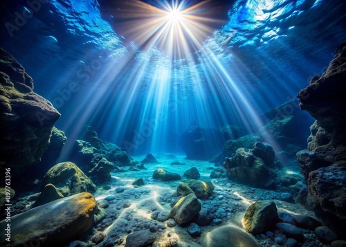 Vibrant sunbeams pierce through rugged ocean floor rocks, illuminating the dark blue abyss, casting an ethereal glow on the mysterious underwater world's hidden landscapes.