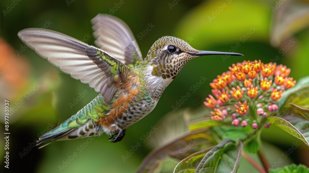 Fototapeta premium Close-up of a hummingbird hovering near a flower
