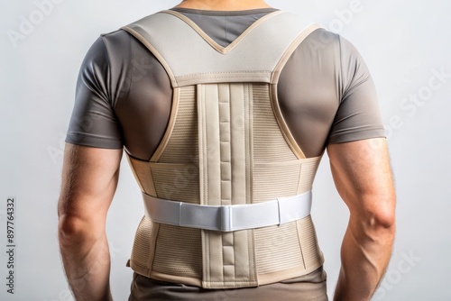 Isolated orthopedic back brace on a neutral background, providing support and stability for the torso, with adjustable straps and sturdy materials for optimal comfort. photo