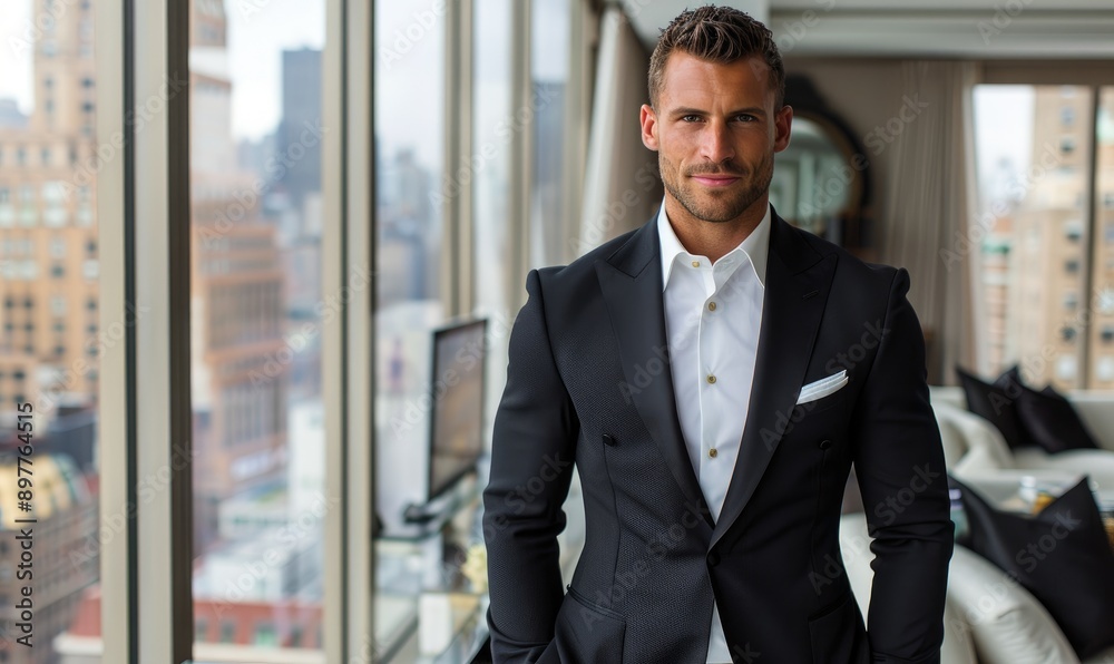 Handsome Young Man in Full Black 3-Piece Suit Facing the Camera in Luxury Penthouse Office Handsome Young Man in Full Black 3-Piece Suit Facing the Camera in Luxury Penthouse Office