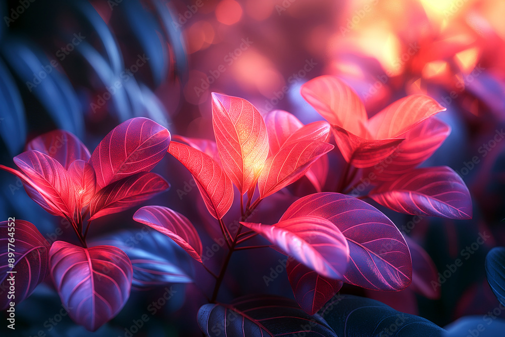 Close-up of red leaves illuminated by a warm light. Close-up of red leaves illuminated by a warm light.