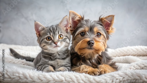 Adorable Yorkshire terrier puppy and curious grey cat become fast friends, cuddling and playing together on a soft, white blanket.