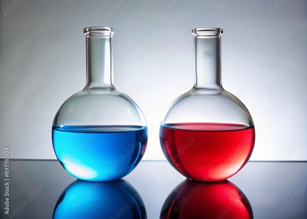 Two transparent round glass flasks with blue and red liquids, respectively, sit side by side on a white surface, showcasing colorful contrast and scientific elegance.