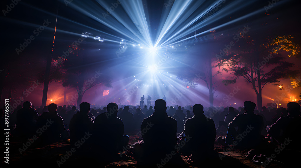 A large crowd of people are gathered in a dark forest, silhouetted against the glow of a stage and bright lights. The setting is almost magical, with the beams of light cutting through the trees. A large crowd of people are gathered in a dark forest, silhouetted against the glow of a stage and bright lights. The setting is almost magical, with the beams of light cutting through the trees.