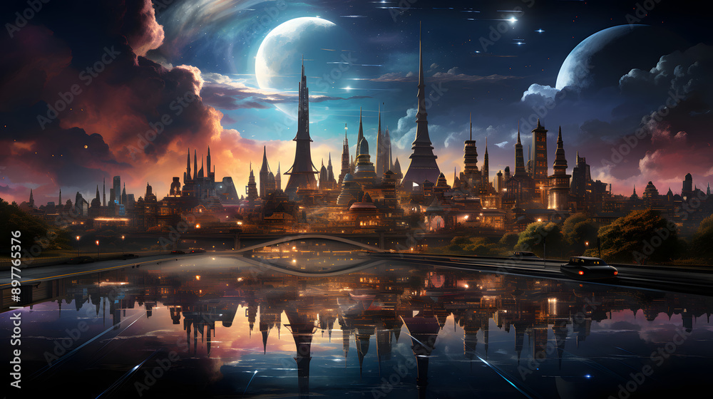 Fototapeta premium A futuristic city skyline with towering spires reflecting off a still body of water. The sky is filled with stars and two crescent moons.