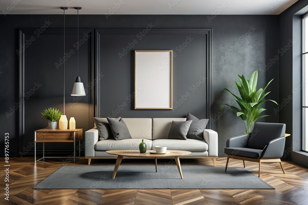 Fototapeta premium Sleek modern living room with dark black accent wall featuring a white frame mockup, sleek flooring, and minimalist decor exuding an air of sophistication.