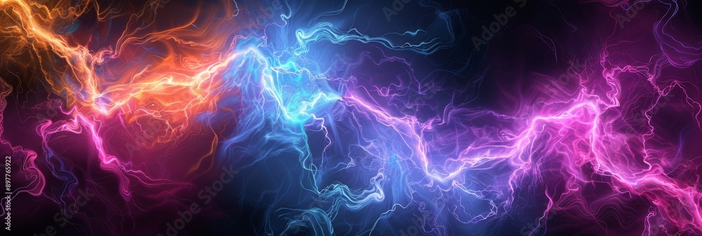 Fototapeta premium Dynamic neon lightning energy pulses in dark abstract background, capturing vivid electric power and motion.