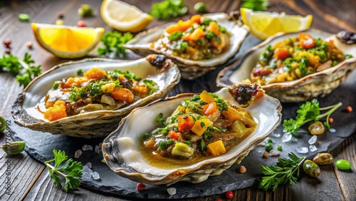 Freshly shucked charred beach oysters overflow with tangy seaweed relish and burst with citrus freshness from a squeeze of lemon, evoking a coastal culinary delight.