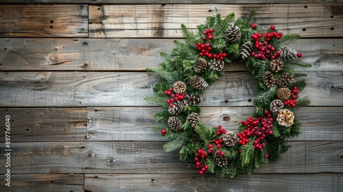 Rustic Christmas wreath on wooden wall with natural decor and textured background