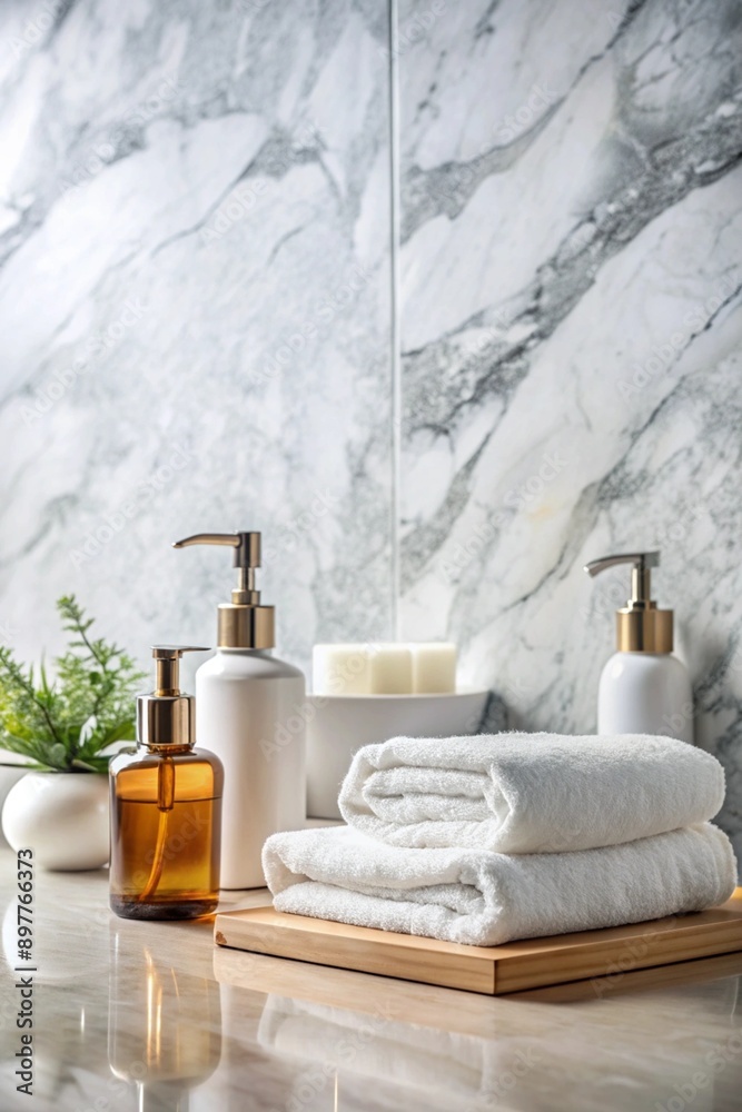 White towels neatly arranged with ceramic shampoo and soap bottles on a marble counter White towels neatly arranged with ceramic shampoo and soap bottles on a marble counter