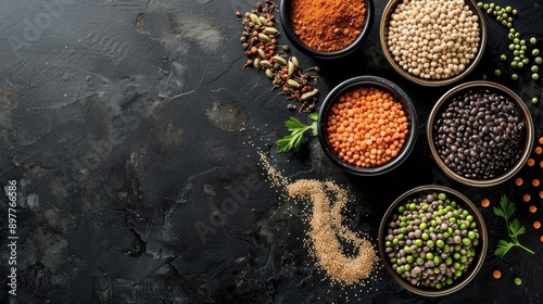 Assorted legumes with spices in bowls on black background with copy space lentils mung bean beans chickpeas black beans