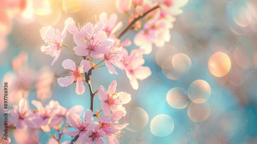 Almond tree with pink blossoms against blue sky with bokeh light close up view for spring banner Almond tree with pink blossoms against blue sky with bokeh light close up view for spring banner