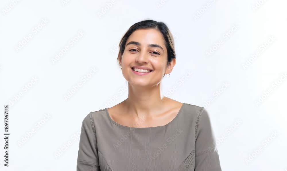 Medium shot portrait video of a satisfied woman in her 30s that is wearing a simple tunic against a white background Medium shot portrait video of a satisfied woman in her 30s that is wearing a simple tunic against a white background
