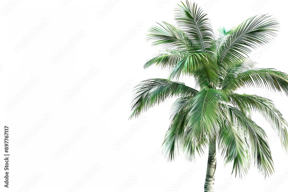 Fototapeta premium Lush tropical palm tree isolated on a clean white background, perfect for themes of nature and tranquility.