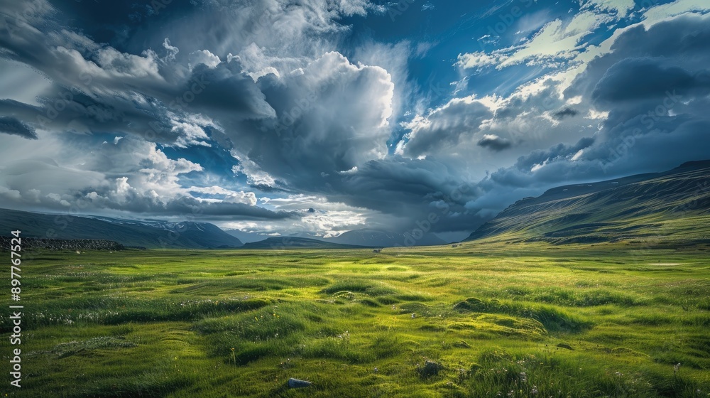Obraz premium Scenic view of lush field under striking clouds