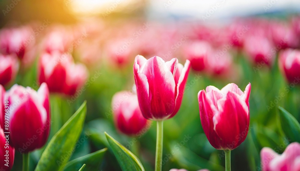 Pink tulip bloom, red beautiful tulips field in spring time with sunlight Pink tulip bloom, red beautiful tulips field in spring time with sunlight