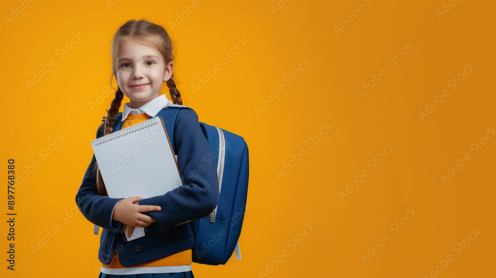 Smiling Schoolgirl in Uniform with Backpack and Notebook, Ready for Back to School with Bright Yellow Background. Smiling Schoolgirl in Uniform with Backpack and Notebook, Ready for Back to School with Bright Yellow Background.