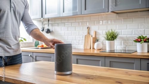 A person using a voice-activated AI chatbot a black speaker on a wooden kitchen counter