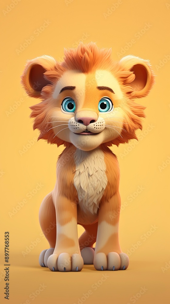 Fototapeta premium cute lion cartoon 3d render with one color background, generative ai