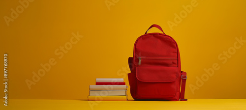 Red Backpack and Books on Yellow Background, Ready for Back to School with Vibrant and Bold Colors. photo