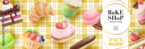 Bake shop social media banner template. Trendy dessert watercolor vector  Illustrations on vintage tablecloth backgrounds.