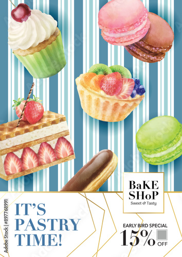 Bake shop social media poster template. Trendy dessert watercolor vector  Illustrations on vintage tablecloth backgrounds.