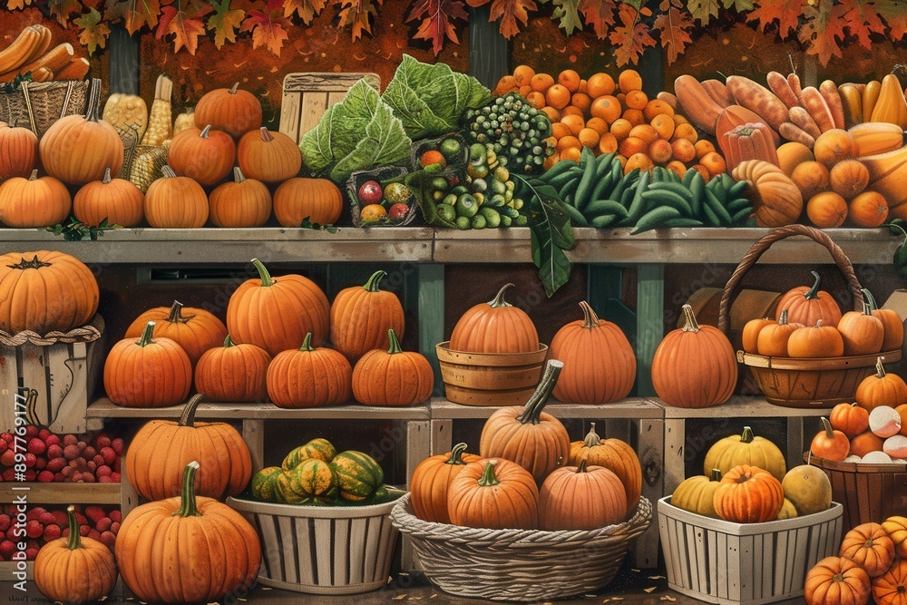 A variety of pumpkins, squash, gourds, and other fall produce are arranged on wooden shelves and baskets at a local farmers market. A variety of pumpkins, squash, gourds, and other fall produce are arranged on wooden shelves and baskets at a local farmers market.