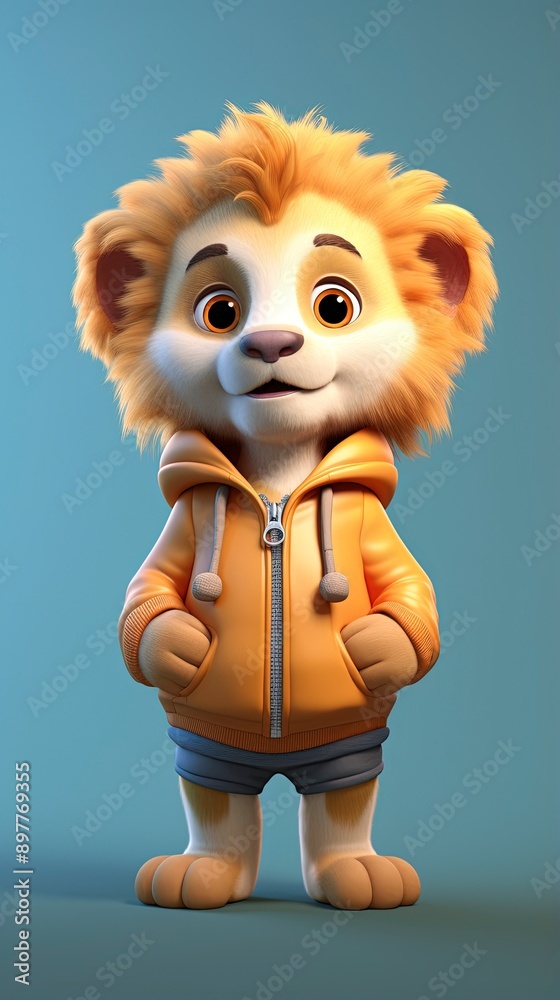 Fototapeta premium cute lion cartoon 3d render with one color background, generative ai