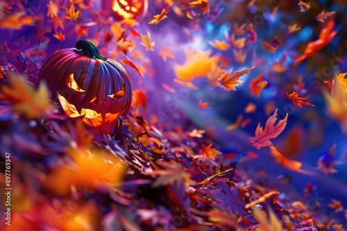 A spectral whirlwind of animated leaves and glowing jack - o' - lanterns photo