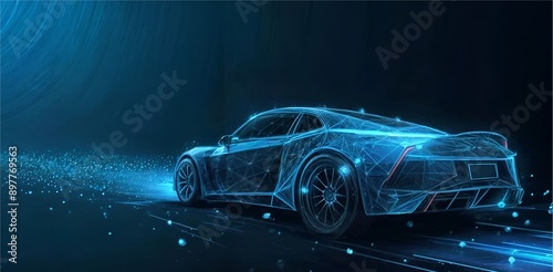 Futuristic digital wireframe of car concept with blue background. AI generated image