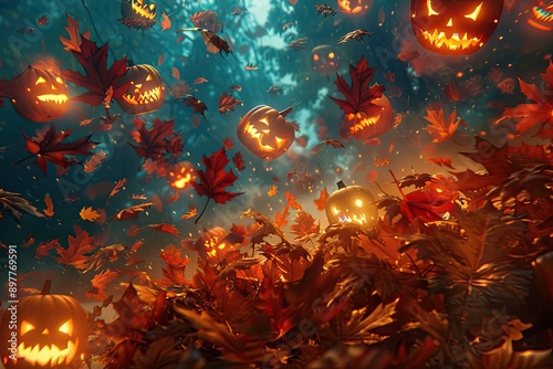 A spectral whirlwind of animated leaves and glowing jack - o' - lanterns photo