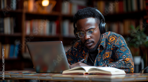 Young african student using computer laptop while studying inside library. Focus on face. Portrait.