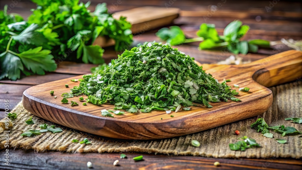Freshly crushed mixture of vibrant green leafy herbs parsley basil and cilantro scattered on rustic wooden cutting board for cooking. Freshly crushed mixture of vibrant green leafy herbs parsley basil and cilantro scattered on rustic wooden cutting board for cooking.