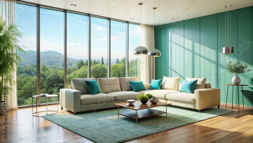 Sleek modern aqua blue living room interior with minimalist decor, cream sofa, and floor-to-ceiling windows bathing in natural light.