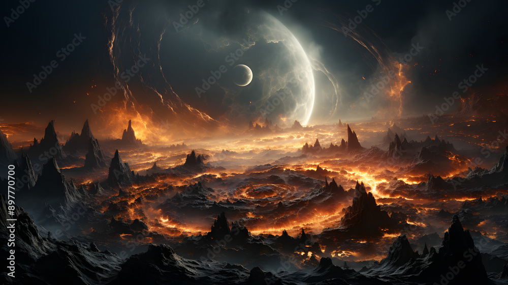 Naklejka premium A fiery, volcanic landscape with a large, glowing moon in the sky. The planet's surface is dominated by sharp peaks and flowing rivers of lava.