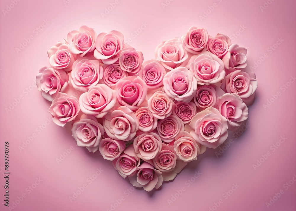 Soft focus pink roses arranged in a heart shape on a pastel pink background, perfect for Valentine's Day or love-themed designs with ample copy space. Soft focus pink roses arranged in a heart shape on a pastel pink background, perfect for Valentine's Day or love-themed designs with ample copy space.
