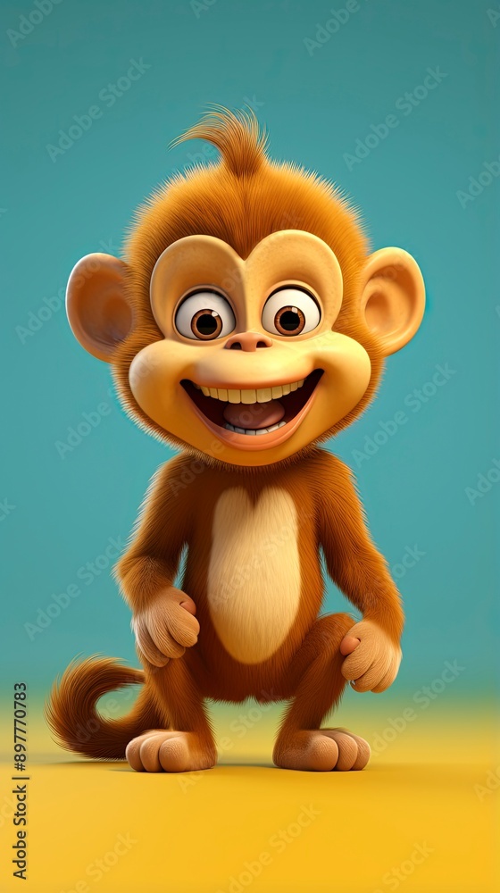 Fototapeta premium cute monkey card 3d render with one color background, generative ai