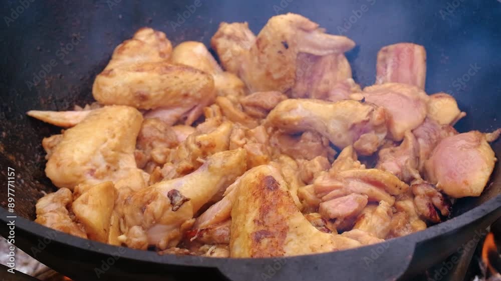 Appetizing chicken fried in a slow motion cauldron. Juicy chicken in a cauldron, slow motion. Frying chicken in a cauldron. Appetizing chicken fried in a slow motion cauldron. Juicy chicken in a cauldron, slow motion. Frying chicken in a cauldron.