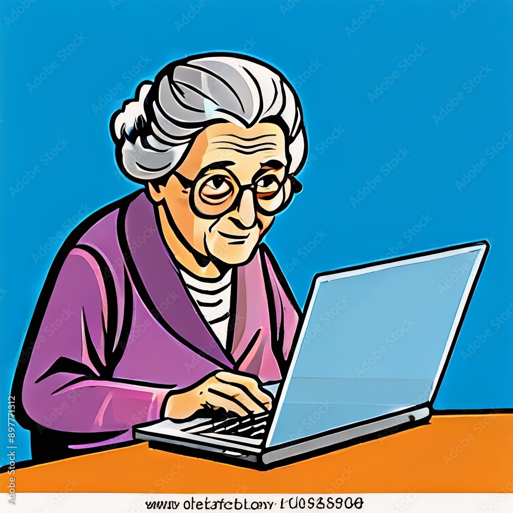 Old woman lady on laptop, yelling at the phone, enjoying the internet, older person, edna, Vector art, Old woman lady on laptop, yelling at the phone, enjoying the internet, older person, edna, Vector art,
