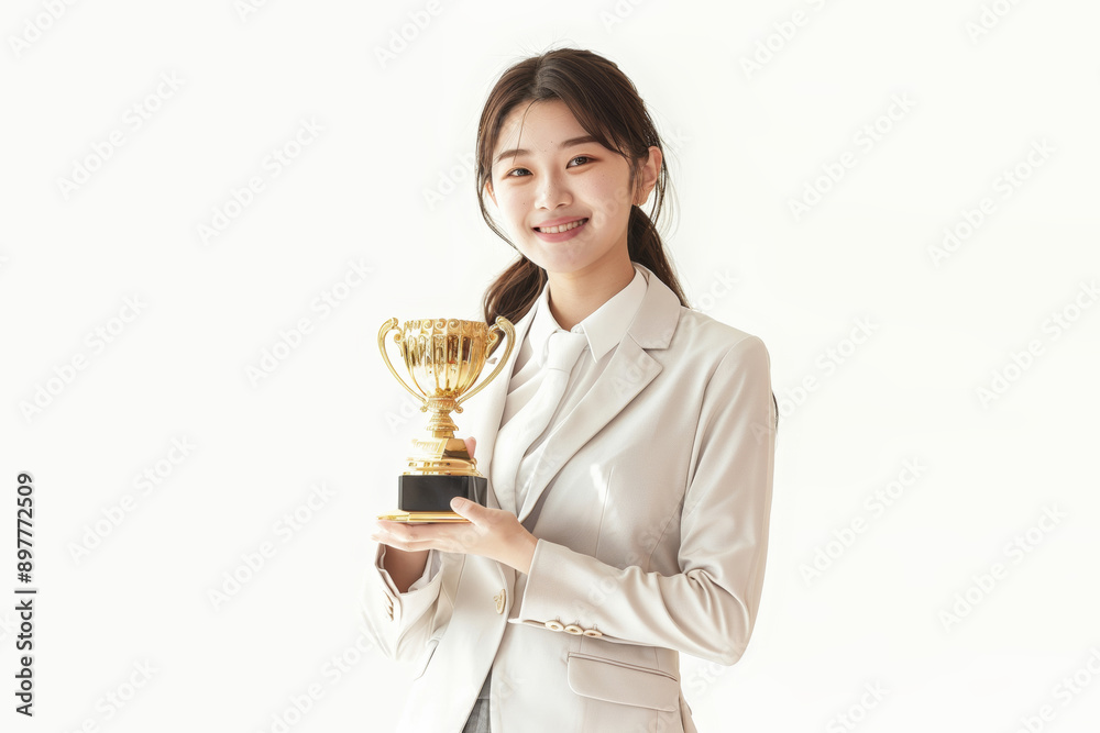 Asian adolescent, dressed in crisp pastel suit and white shirt, laughs joyfully while holding a gold trophy, signifying her hard work and academic achievement on white background.