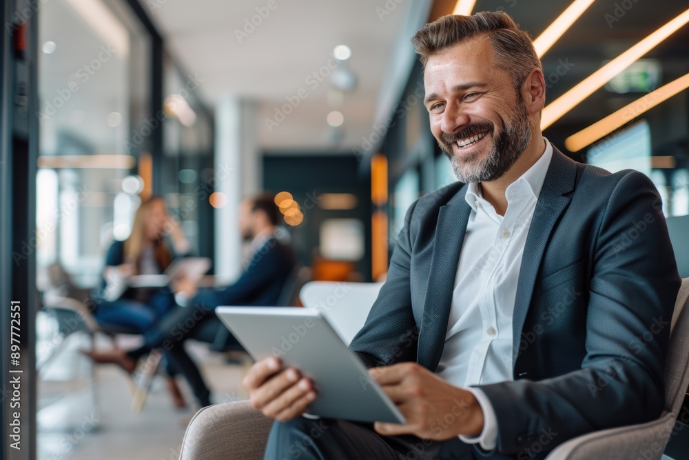 happy businessman, dressed in a business suit, exudes joy as he plans strategy with focused attention on the laptop screen in the modern office. happy businessman, dressed in a business suit, exudes joy as he plans strategy with focused attention on the laptop screen in the modern office.
