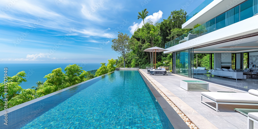 Fototapeta premium Modern infinity pool overlooking tropical ocean at a luxurious villa