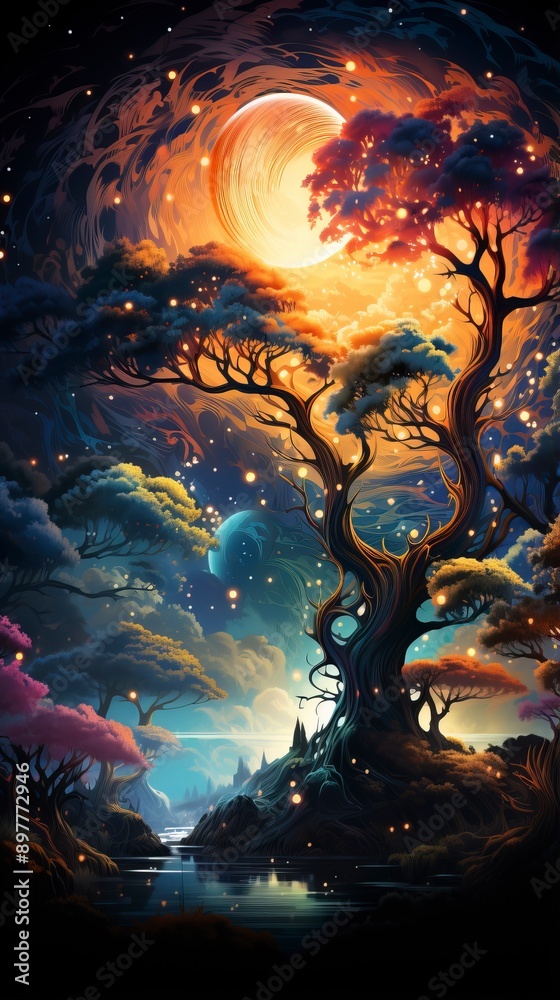 Obraz premium landscape with trees and water wallpaper , generative ai