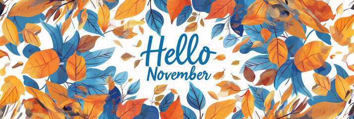 Blue and orange autumn leaves forming border around hello november lettering
