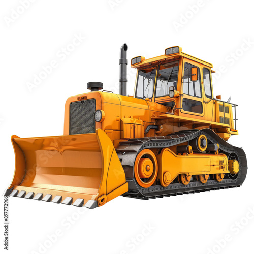 Yellow Bulldozer, Ready to Work: A powerful yellow bulldozer with a sharp blade, ready to tackle any task with its robust construction and imposing presence.  